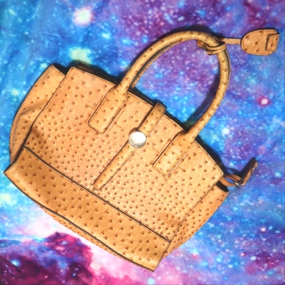 FAUX OSTRICH BAG London Fog Camel Brown Tan Satchel Purse Exotic Leather Buckle